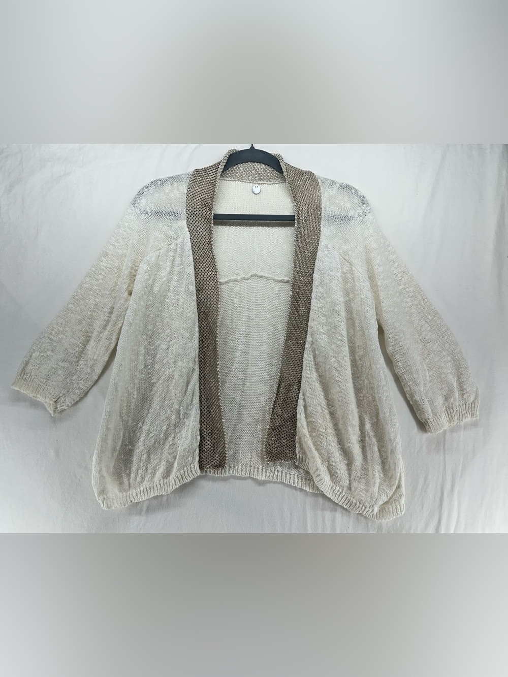 Margaret O leary Linen Blend Lightweight Cardigan Ivory Tan Open Front Knit M